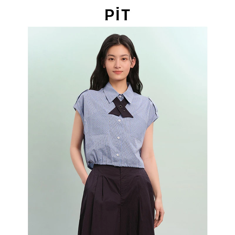 PIT蓝色格子MIU系翻领无袖开衫衬衫女2025夏休闲透气内搭T恤上衣