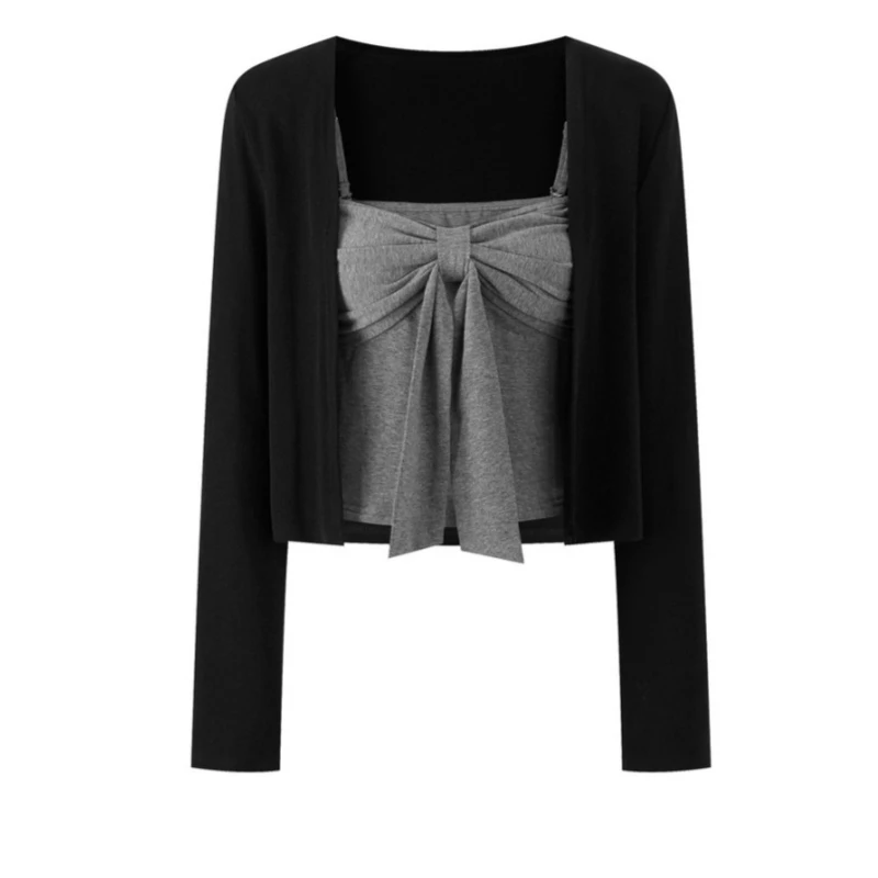 6-8运补2025年秋季新款黑灰色长袖恤纯欲薄款修身吊带开衫两件套