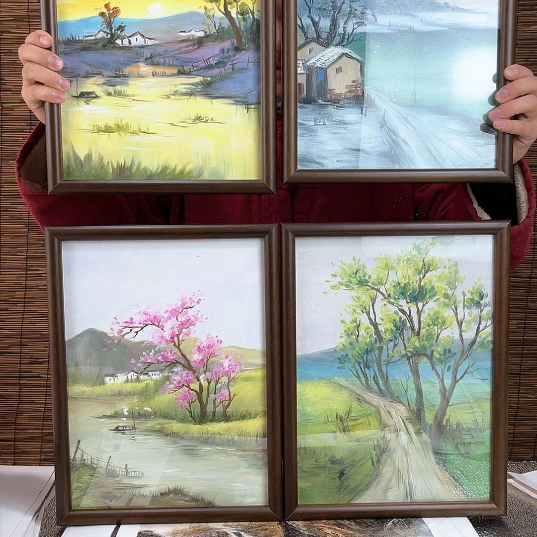 油画行路人小院绘画作品