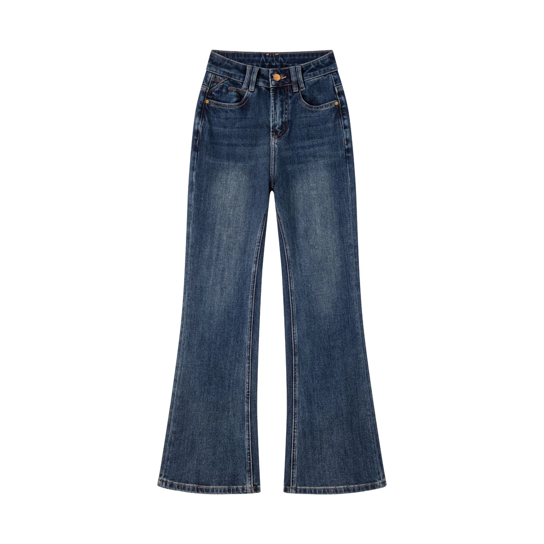 灿灿私服【波尔多蓝】冬季加绒弹力直筒微喇裤高腰显高百搭女牛仔