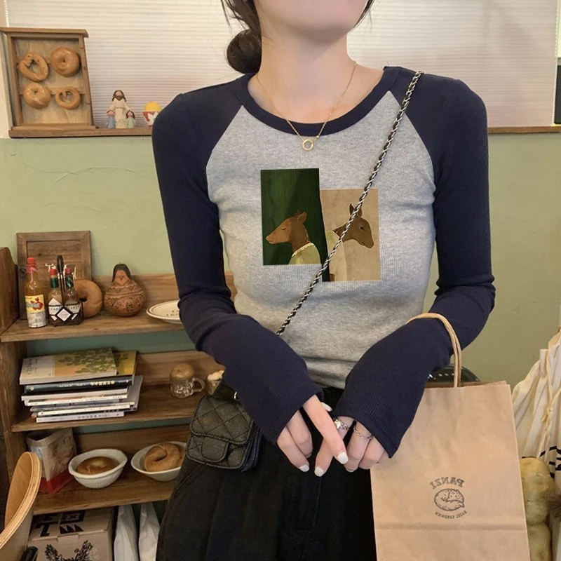 纯欲风美式复古印花设计感长袖t恤女装圆领修身显瘦辣妹打底衫ins