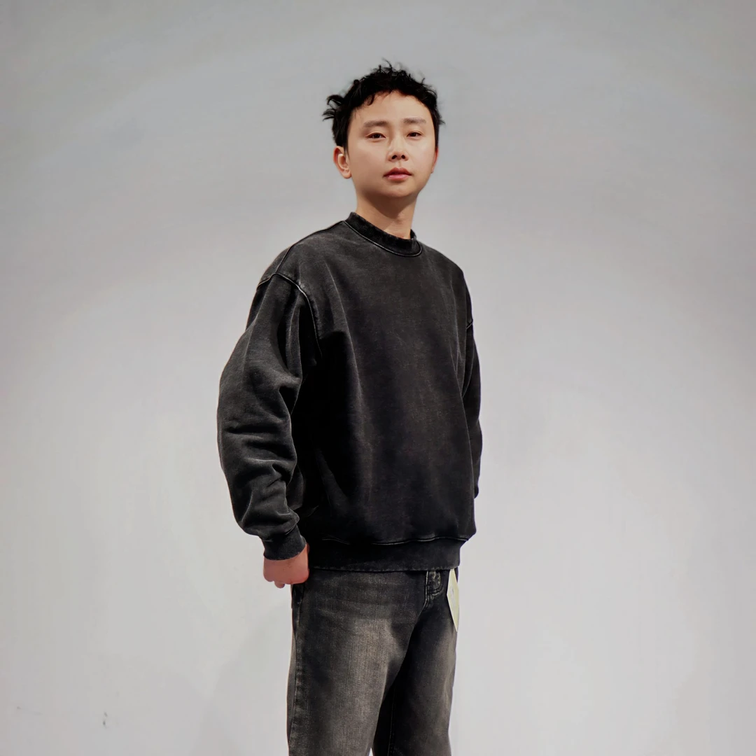 破例男装丨炒色水洗做旧圆领纯色基础款宽松纯棉重磅卫衣