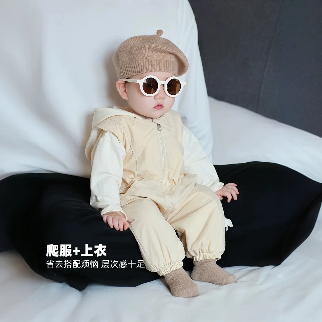 婴幼儿秋季新款男女宝宝连帽双层背带裤两件套长袖休闲运动外出服