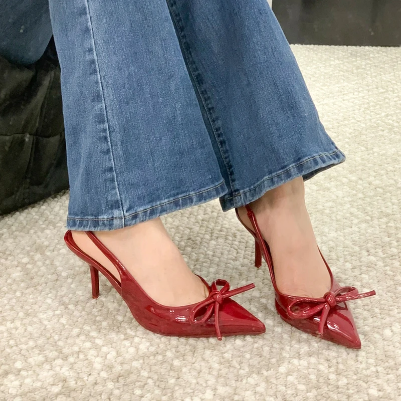 绝美细跟高跟鞋女红色蝴蝶结尖头法式百搭新款一字带高跟凉鞋春夏