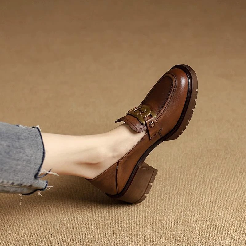 法式春秋新款复古两穿粗跟厚底金属扣英伦风小皮鞋单鞋女