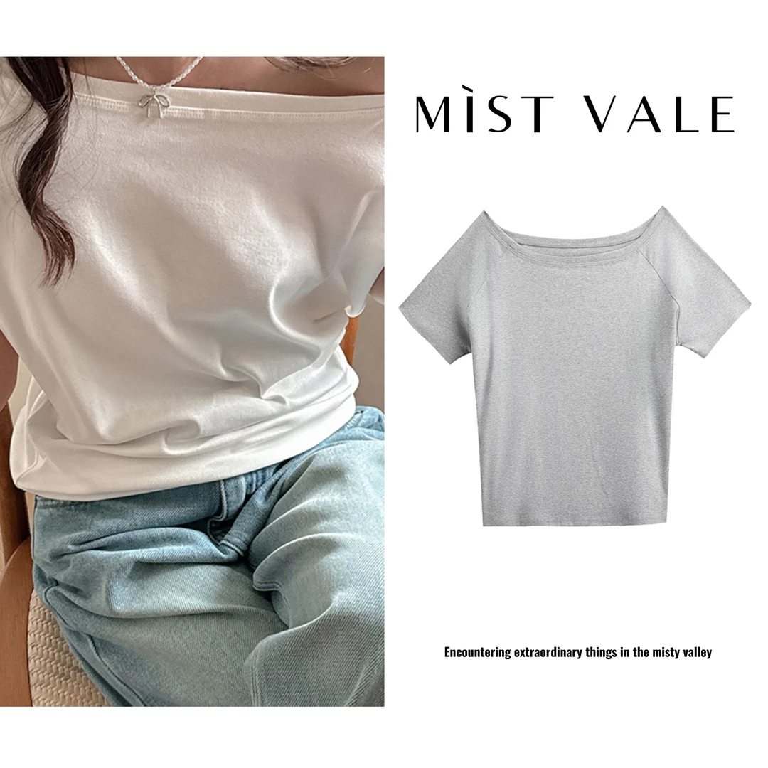 MISTVALE高级感斜肩一字肩宽松落肩设计上衣6613白色设计感纯色