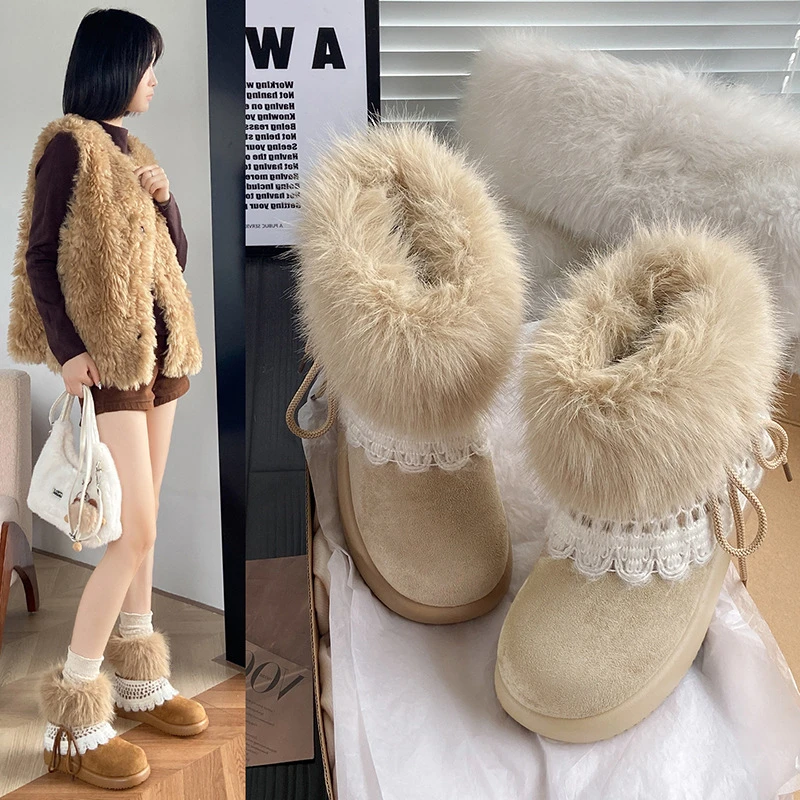 皮毛一体厚底雪地靴女款2025新款冬季一脚蹬毛毛鞋加绒保暖棉鞋子