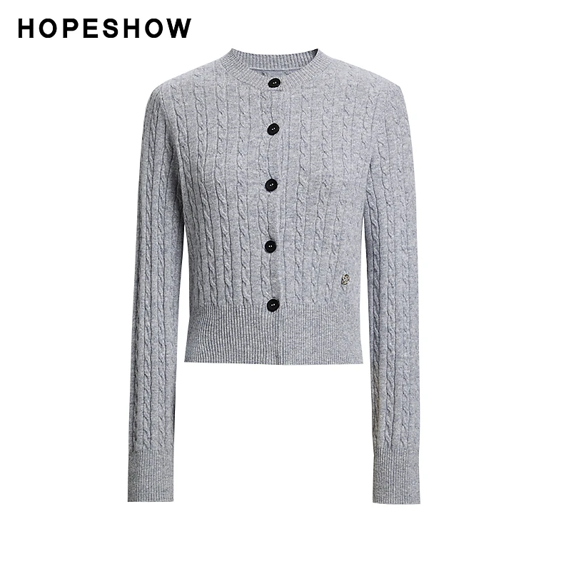 红袖春季新款女装 复古绞花单排扣圆领针织开衫89624470104