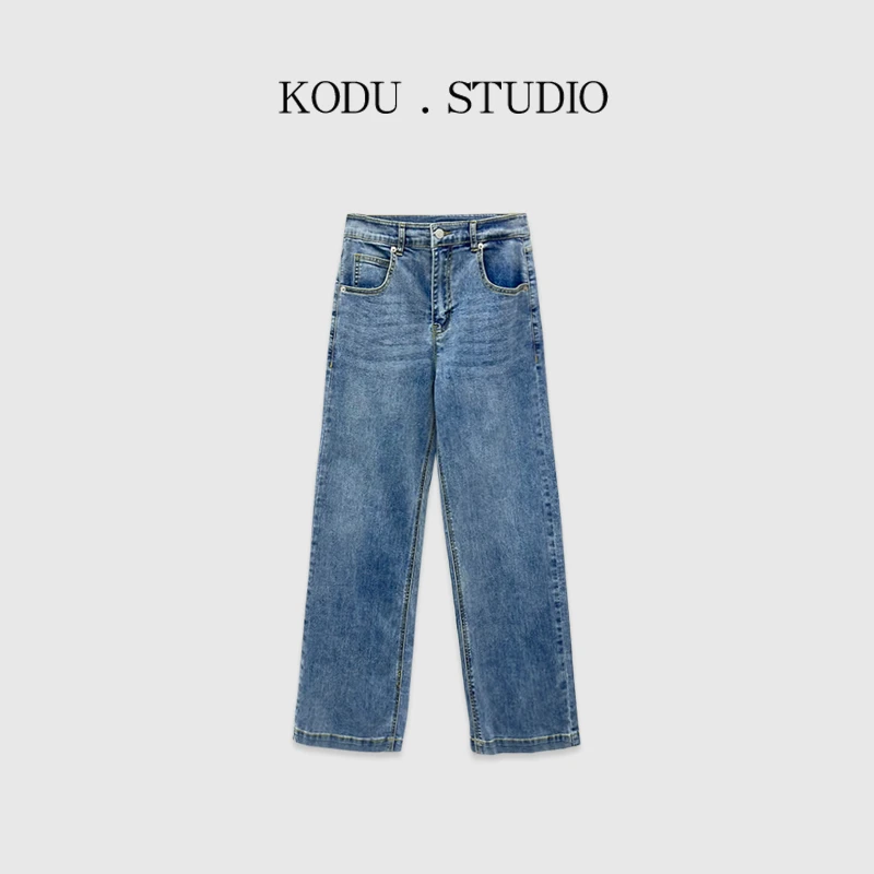 【刻度KODU】LY-5155春季新款百搭气质高腰纯色弹力直筒阔腿牛仔裤