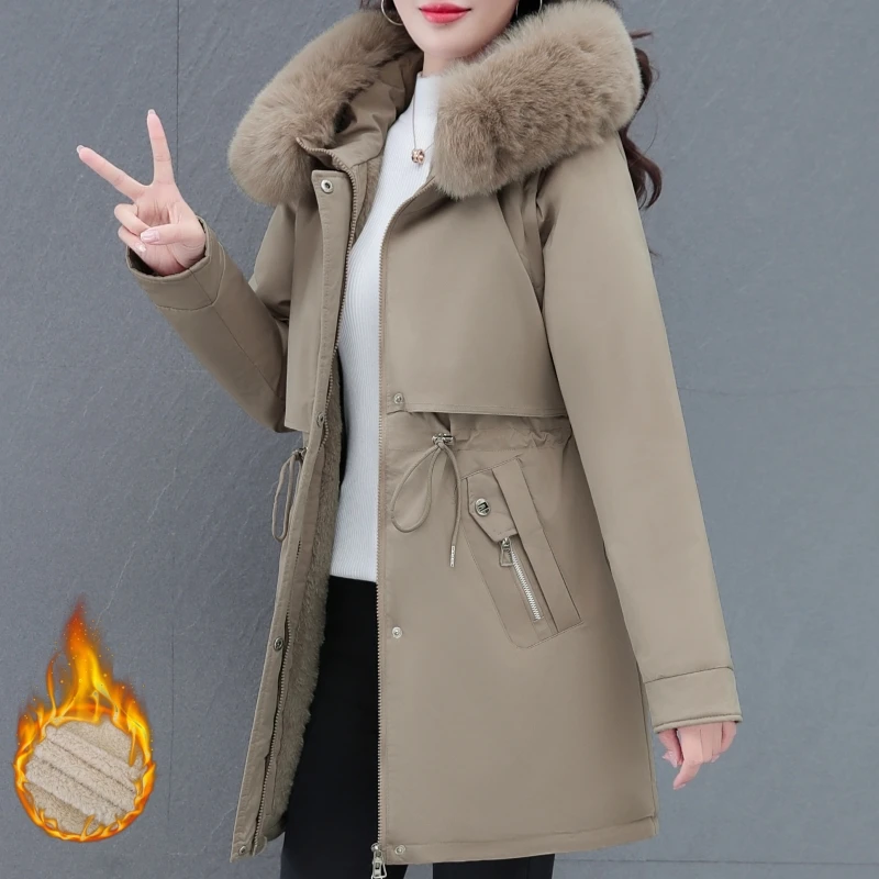 中长款时尚棉衣棉服女2025冬季新款大毛领棉袄加绒加厚派克服外套