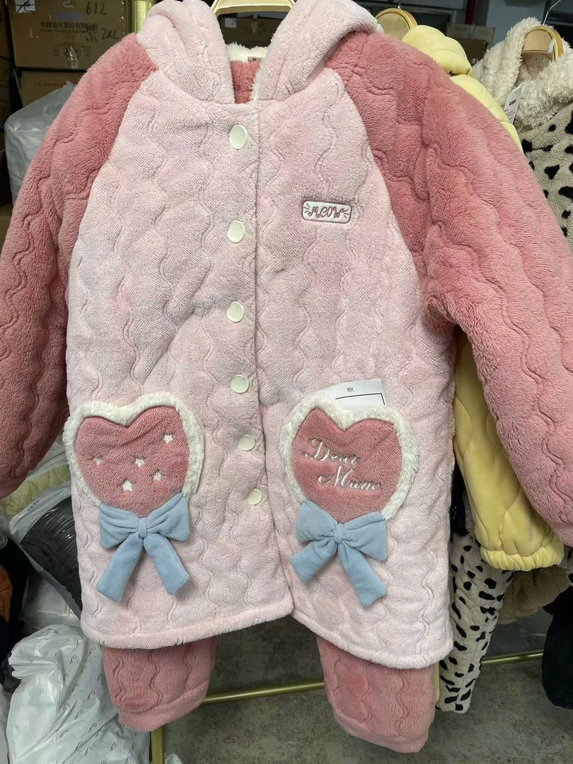 清仓【粉色蝴蝶结带帽】三层加厚加绒睡衣女秋冬新款家居服保暖