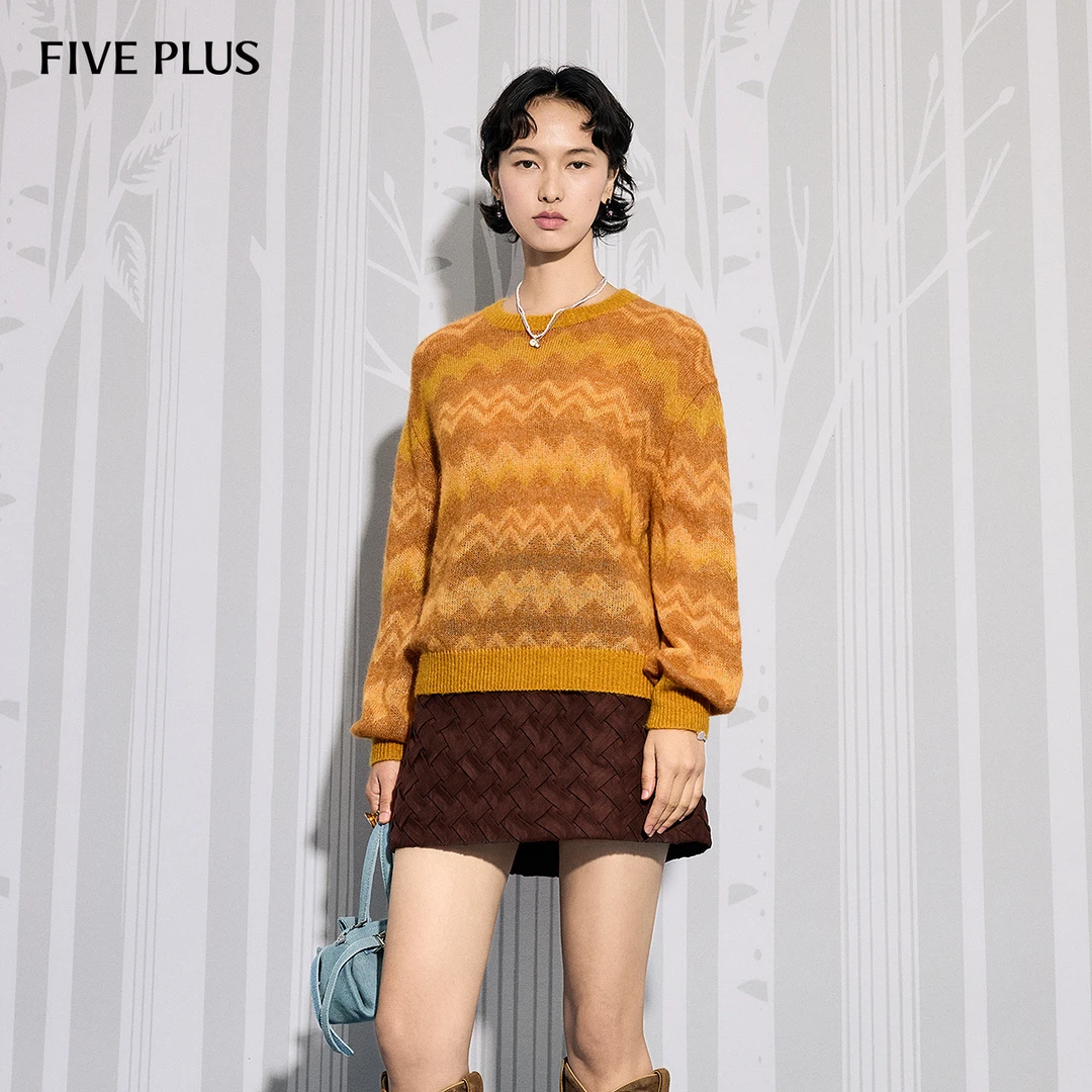 【明星同款】FIVE PLUS复古渐变波浪纹马海毛毛衣2SN4033620