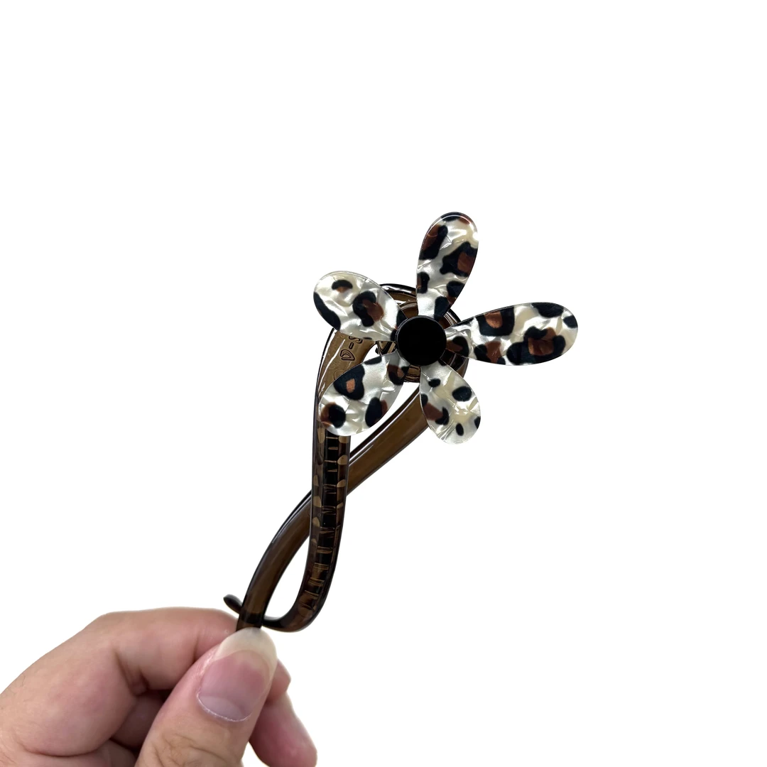 L147夕洛新款高级豹纹花朵一字扭扭夹盘发简约气质后脑勺夹子发夹