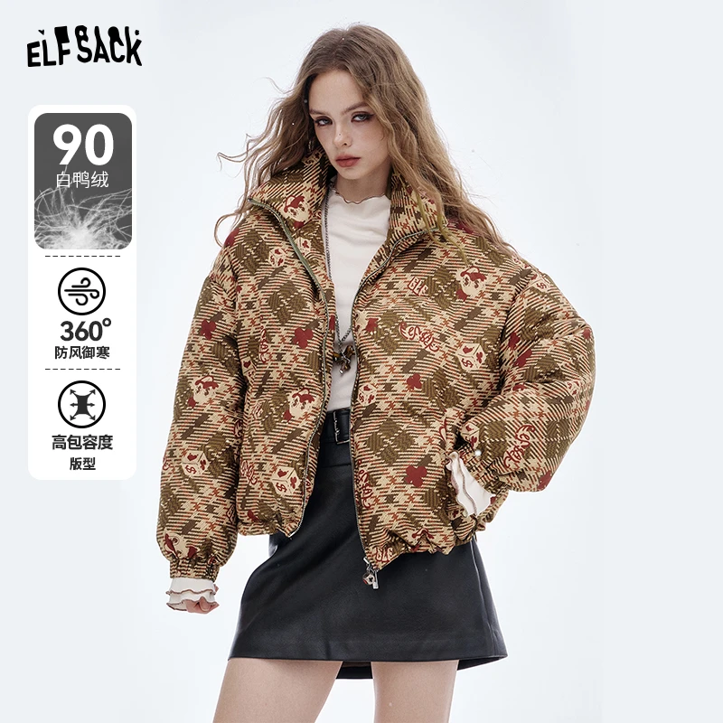 【小美女装】妖精的口袋复古格纹满印短款羽绒服女2025冬季新款