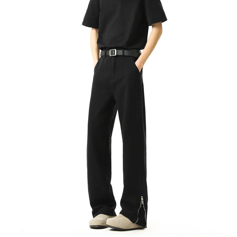 侧拉链牛仔裤男设计感小众美式高街修身显瘦直筒vibe微喇长裤