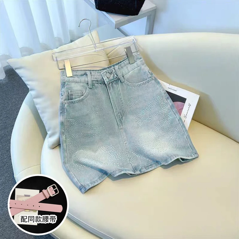 2025夏季新款重工烫钻高腰显瘦半身裙女防走光小个子a字牛仔短裙