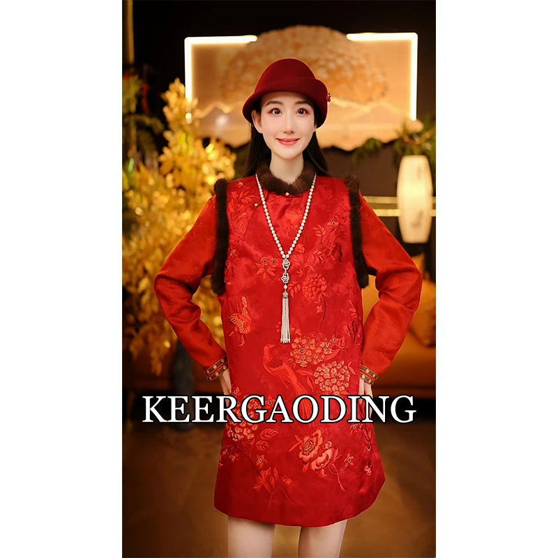 【可儿•高定】高端新中式重工钉珠刺绣拼水貂毛棉服马甲裙WQ-70863