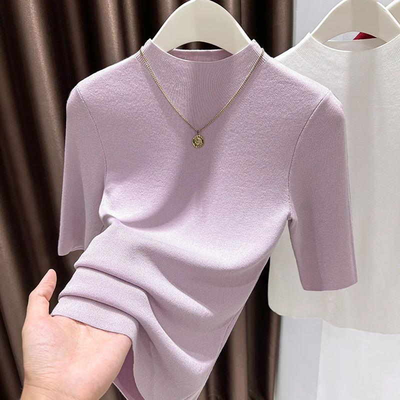 紫色半高领五分袖T恤女气质内搭修身中袖针织毛衣打底衫薄款上衣