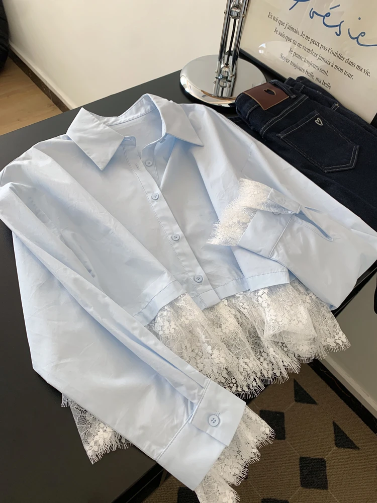 超好看独特漂亮蓝色衬衫女小个子短款设计感小众上衣气质小衫25春