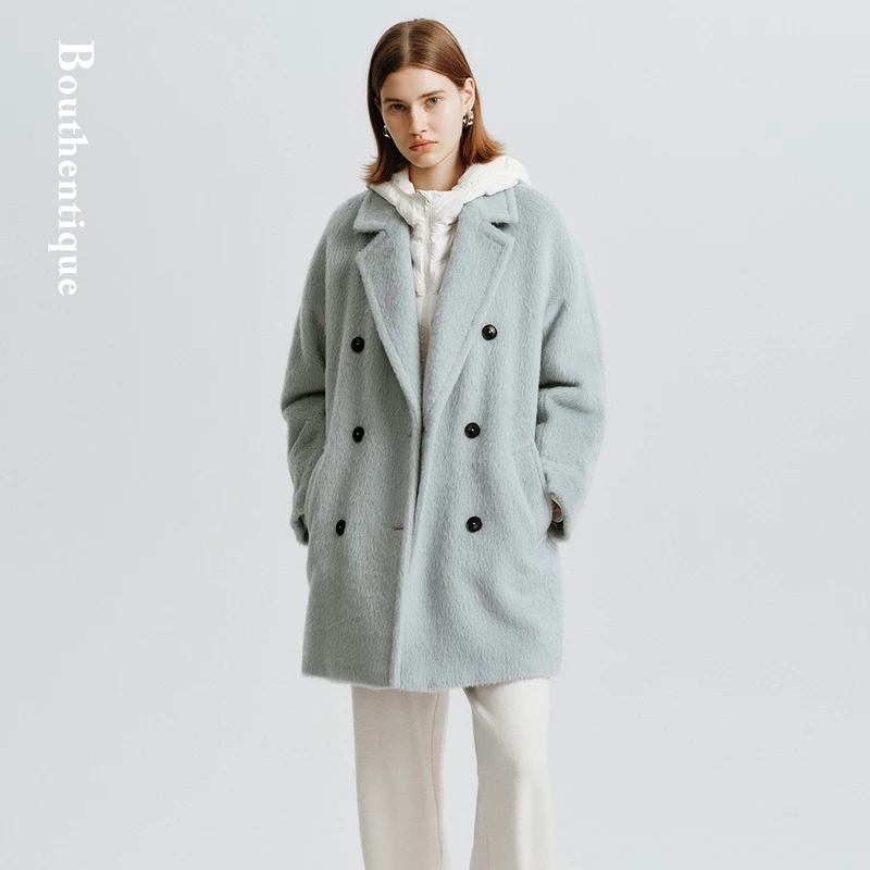 【可可专属】苏力羊毛混纺轻盈双排扣呢料外套224421E1M01
