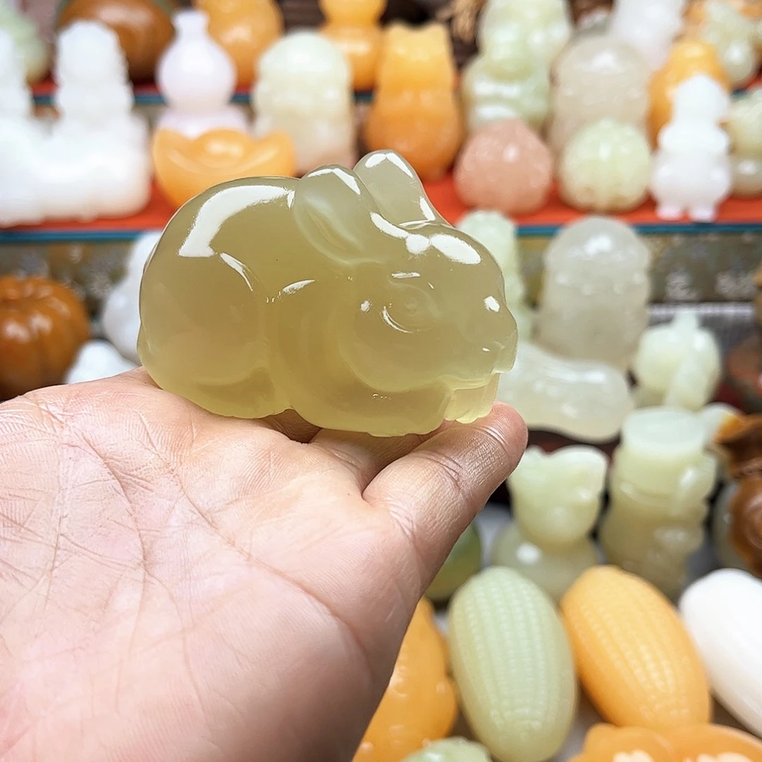 蓝***烟石材小兔子手把摆件