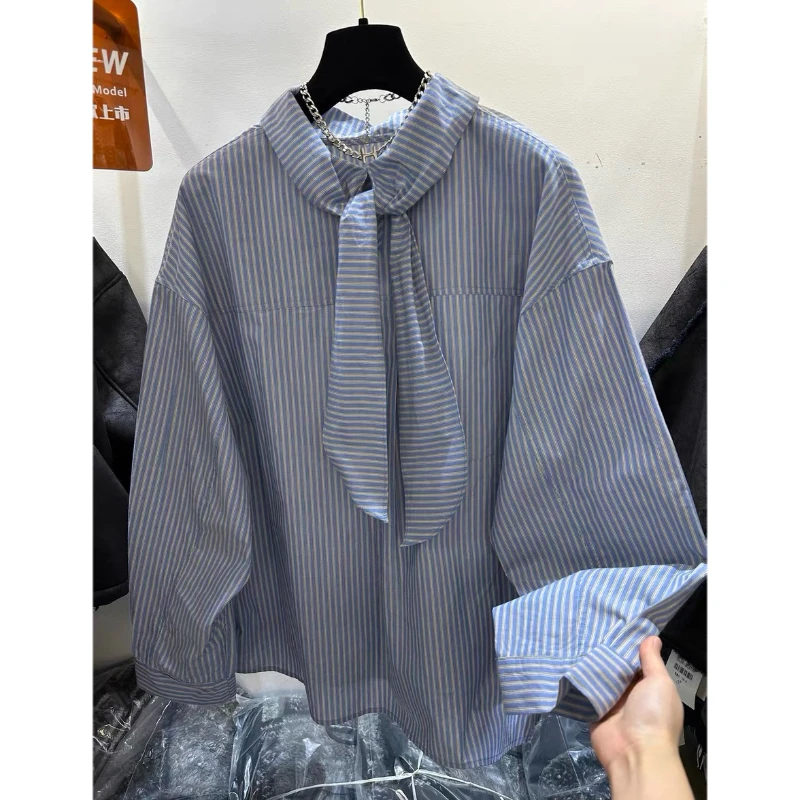 高端欧货春季新款宽松高级感领口绑带前后两穿条纹长袖衬衫上衣女
