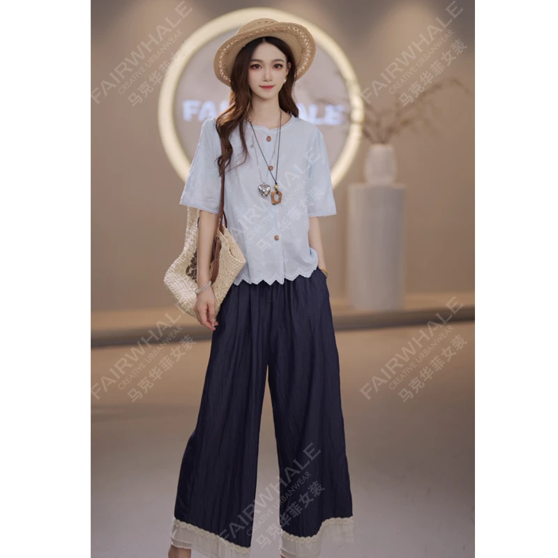 马克华菲舒适简约纯色百搭气质圆领女短袖单排扣刺绣衬衫上衣休闲