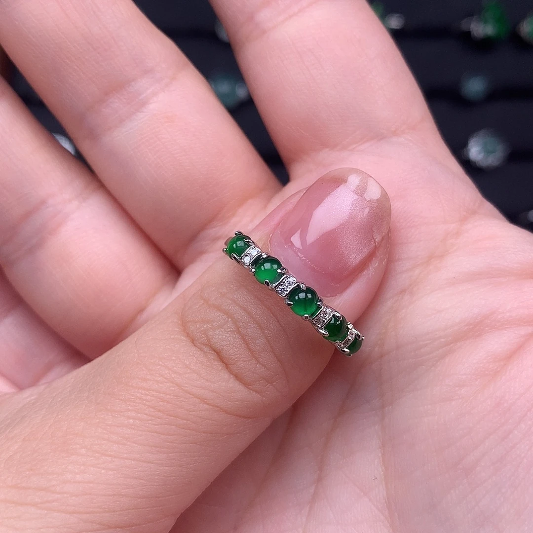 花***崽翡翠银S925镶嵌戒指