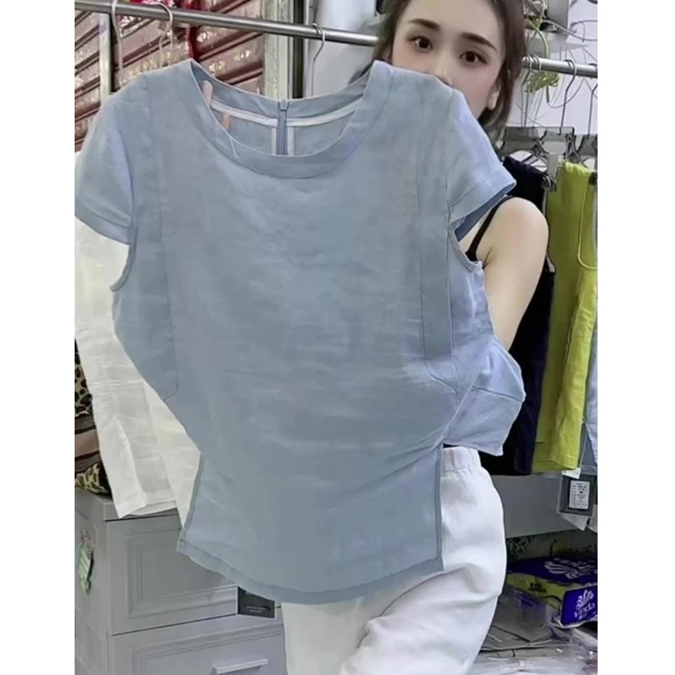 夏季新款超好看蓝色短袖衬衫薄款独特漂亮极简风休闲宽松圆领上衣