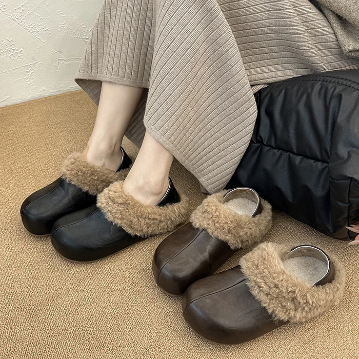 厚底皮面两穿内增高面包头勃肯鞋女外穿2025冬季新款百搭加绒棉鞋