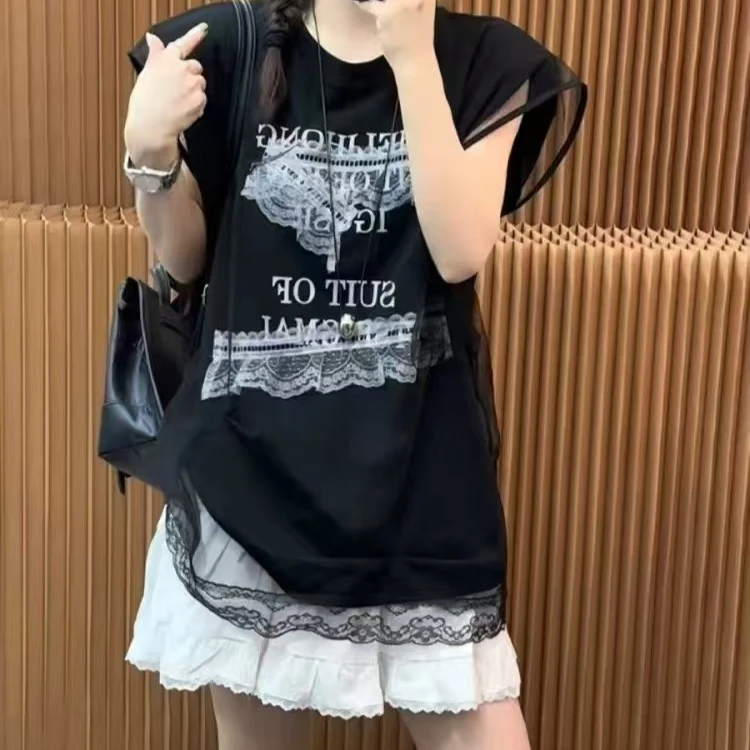 MISS RUILI  定制  2025夏季时尚百搭宽松显瘦无袖网纱短袖F0660
