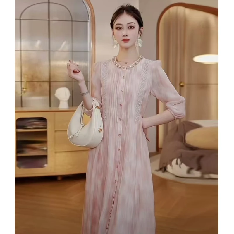新中式国风女2025年夏季流行穿搭新款气质圆领日常复古连衣裙