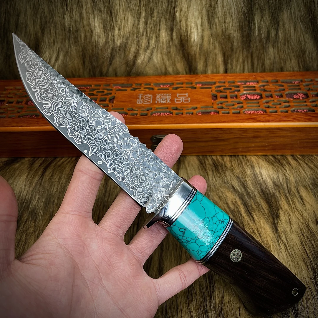 【高工款】稀缺紫光檀绿松石大马士革钢露营户外刀