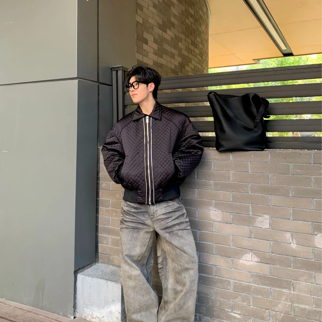 [Nadlle Studio]菱形格缎面夹克羽绒外套