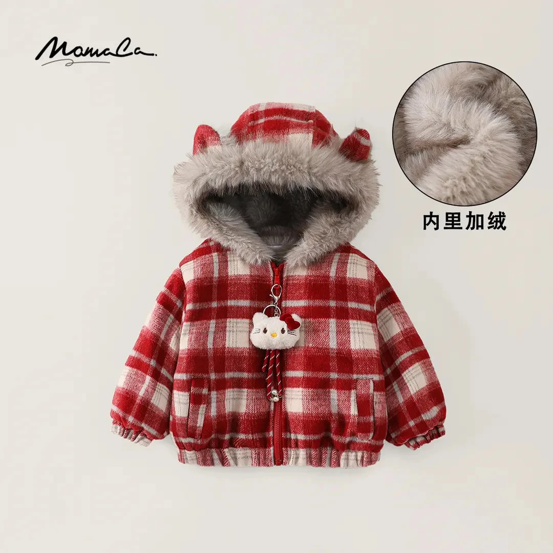 MOMOCO冬女童洋气撞色格子小猫玩偶毛绒连帽厚款外套77830107076