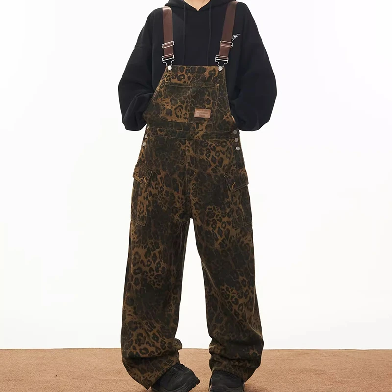 美式复古高街豹纹牛仔背带裤女宽松设计感口袋小众秋季直筒长裤子