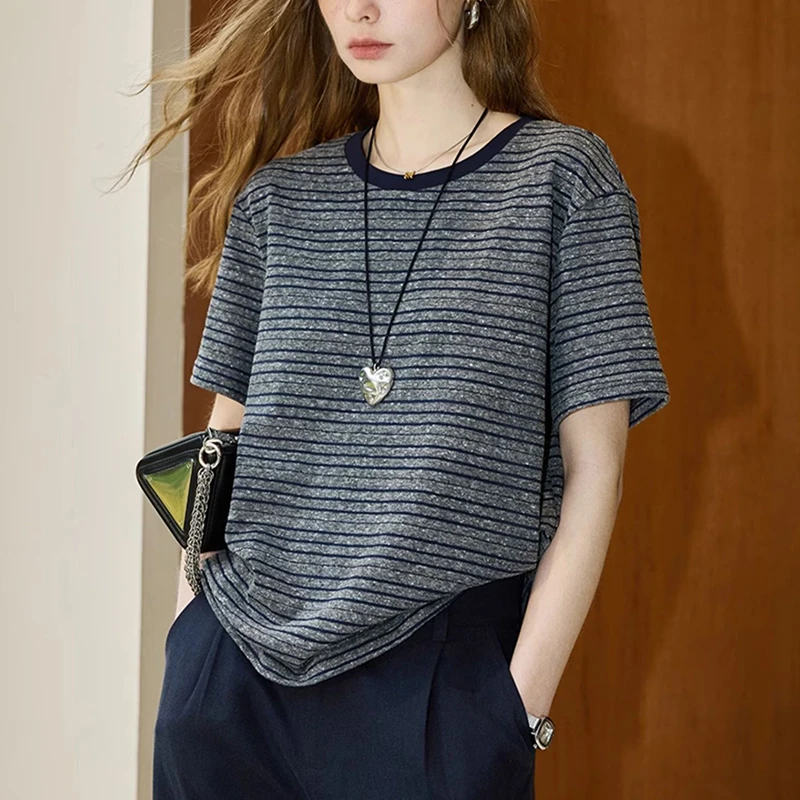 2025年夏季条纹短袖T恤女圆领显瘦洋气休闲打底衫上衣 205-0504