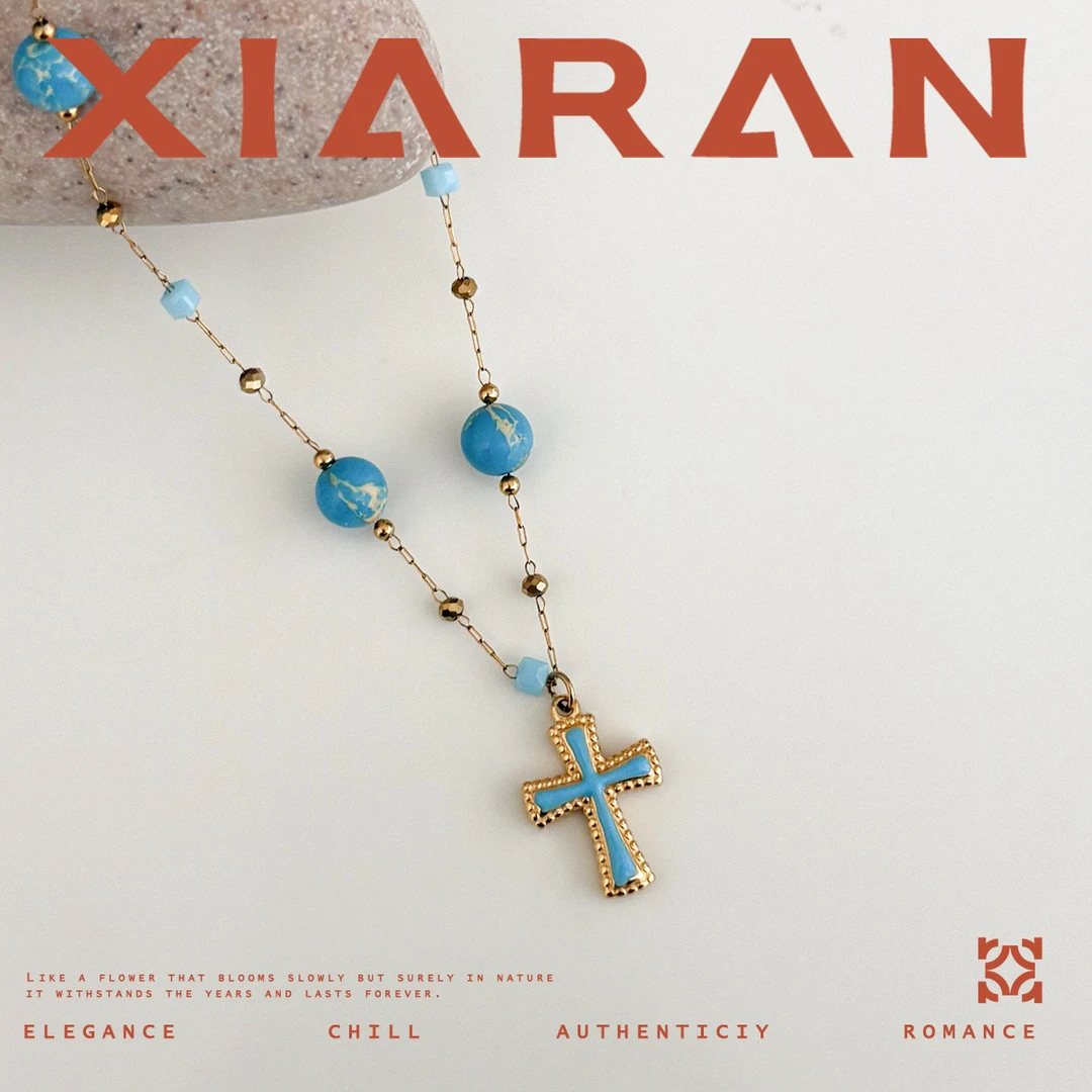 钛钢项链 「海岛」法式湖蓝十字架复古波西米亚时尚坠链精致项链