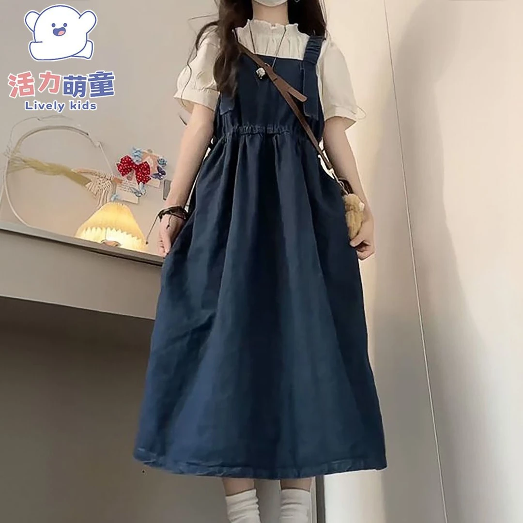 女童牛仔背带连衣裙短袖衬衫两件套女春夏装学院风中长款裙子套装