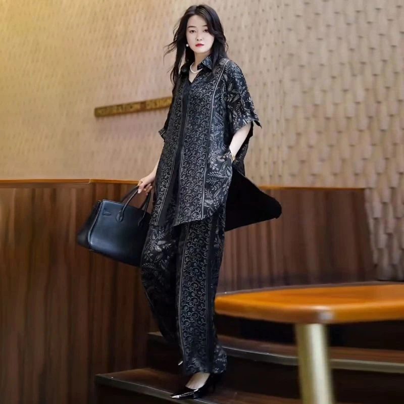 时尚休闲套装女2025夏季新款宽松印花复古减龄上衣阔腿裤两件套潮