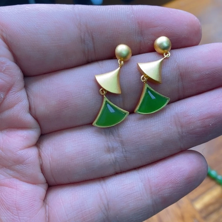 和田玉（碧玉）耳饰银S925镀金镶嵌