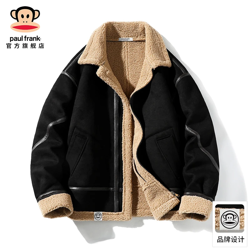 PaulFrank/大嘴猴美式潮牌翻领外套男冬季新款摇粒绒加厚保暖棉服