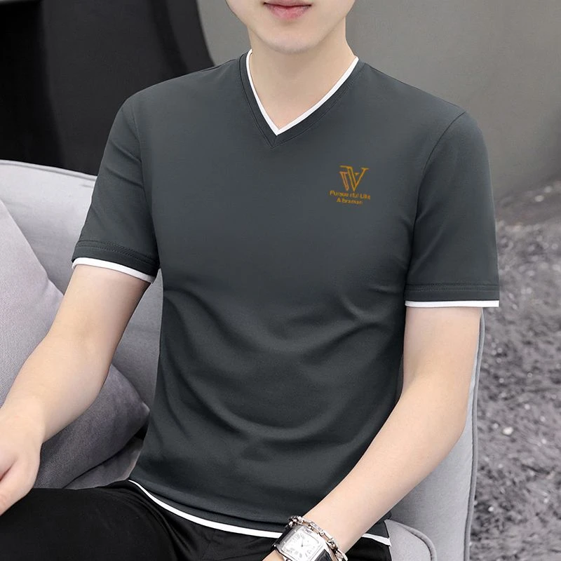 2025新款男士V领短袖T恤夏季时尚修身半袖男装体桖潮流上衣服