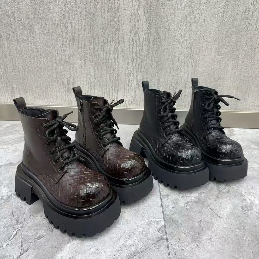 唐小肉常规厚底马丁靴百搭女靴欧若智性风编织皮百搭短靴6115-8