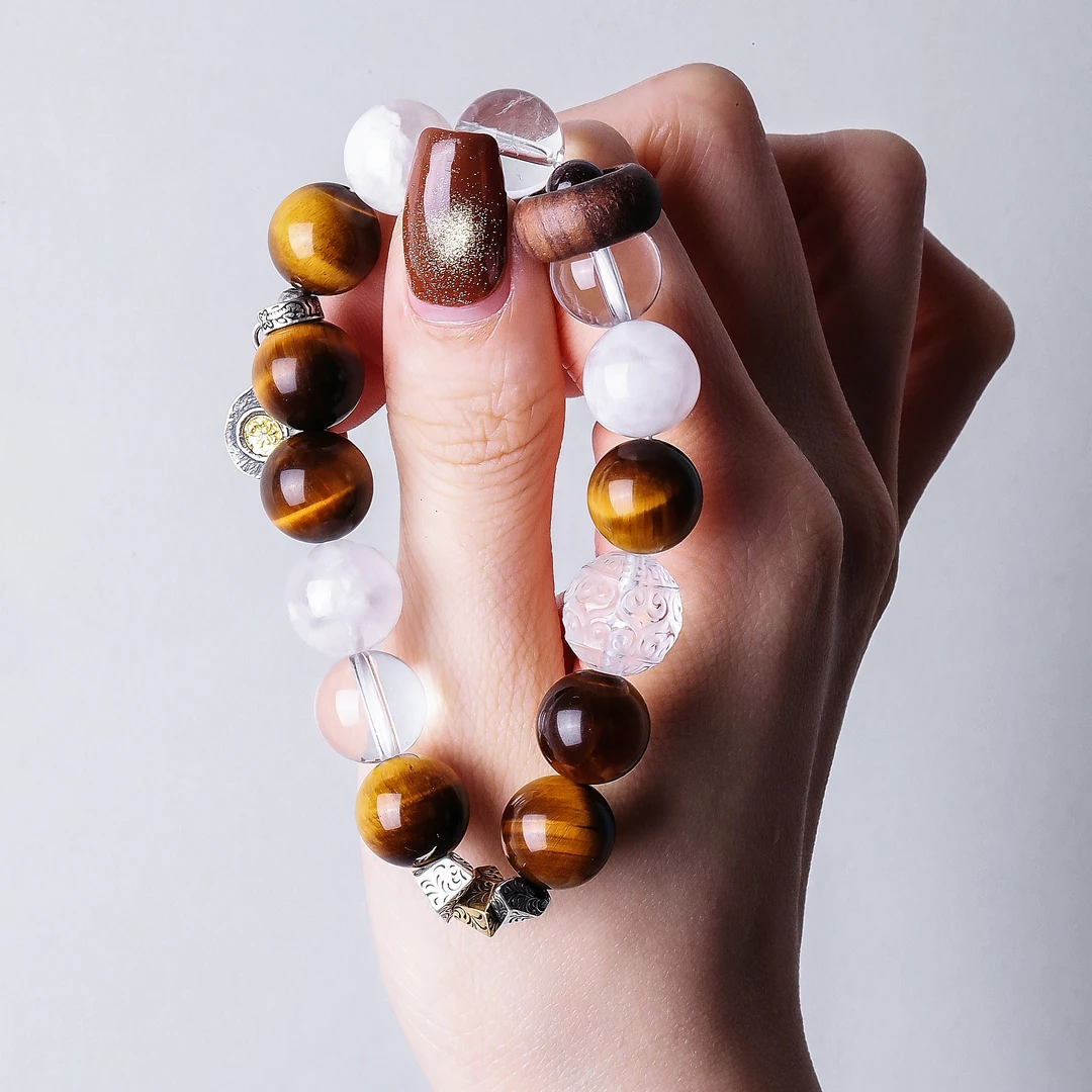 925银手链 七[映月] S09604 白色晶晶涂鸦碎银子虎虎石串珠手链