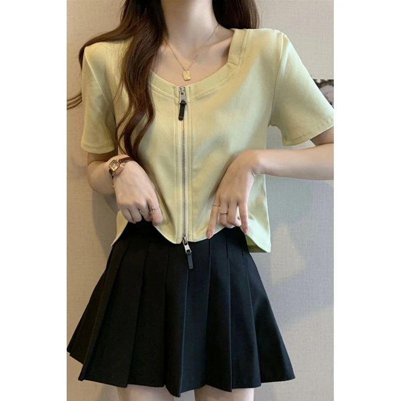 时尚爆款大码女装遮肚子双拉链正肩短袖打底衫夏季胖妹妹百搭衬衣