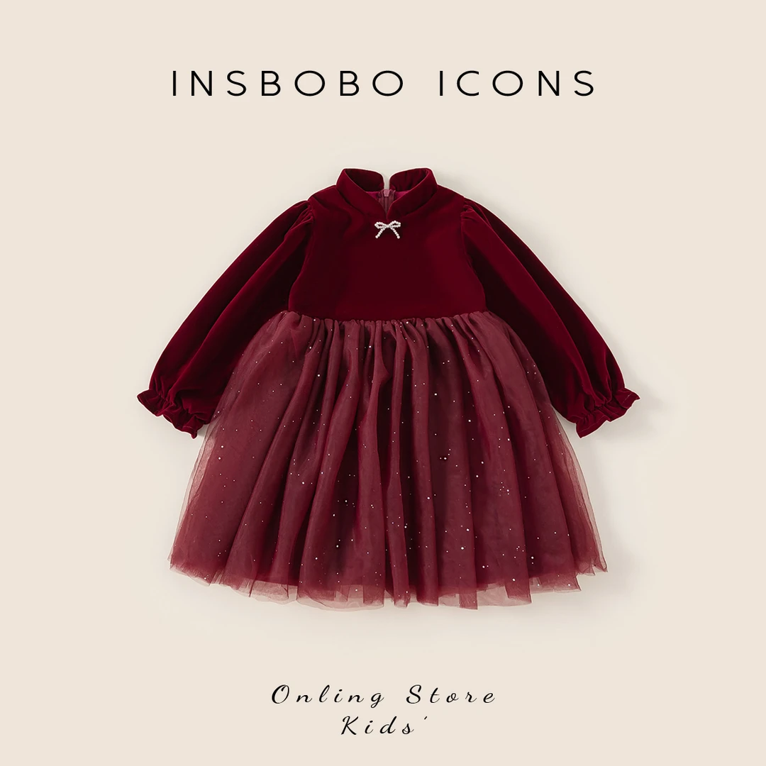 INSbobo女童新中式裙子加绒保暖女宝拼接亮片网纱连衣裙潮DQ65112