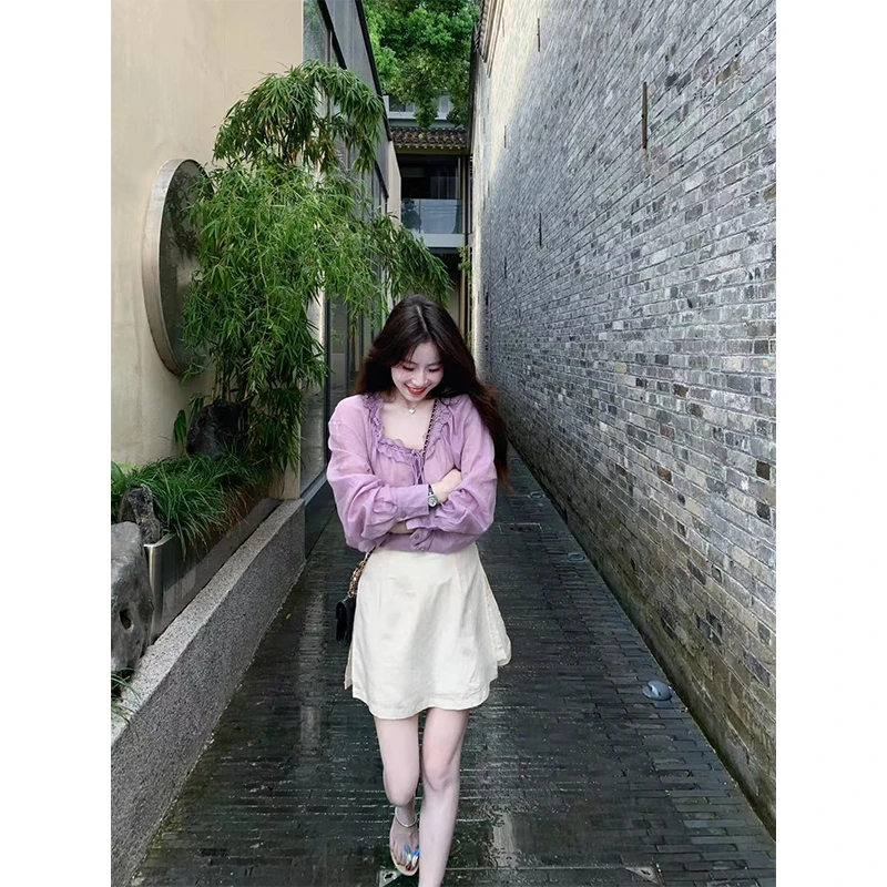 2025新款女士夏季慵懒风荷叶边休闲宽松长袖衬衫上衣高腰半身裙