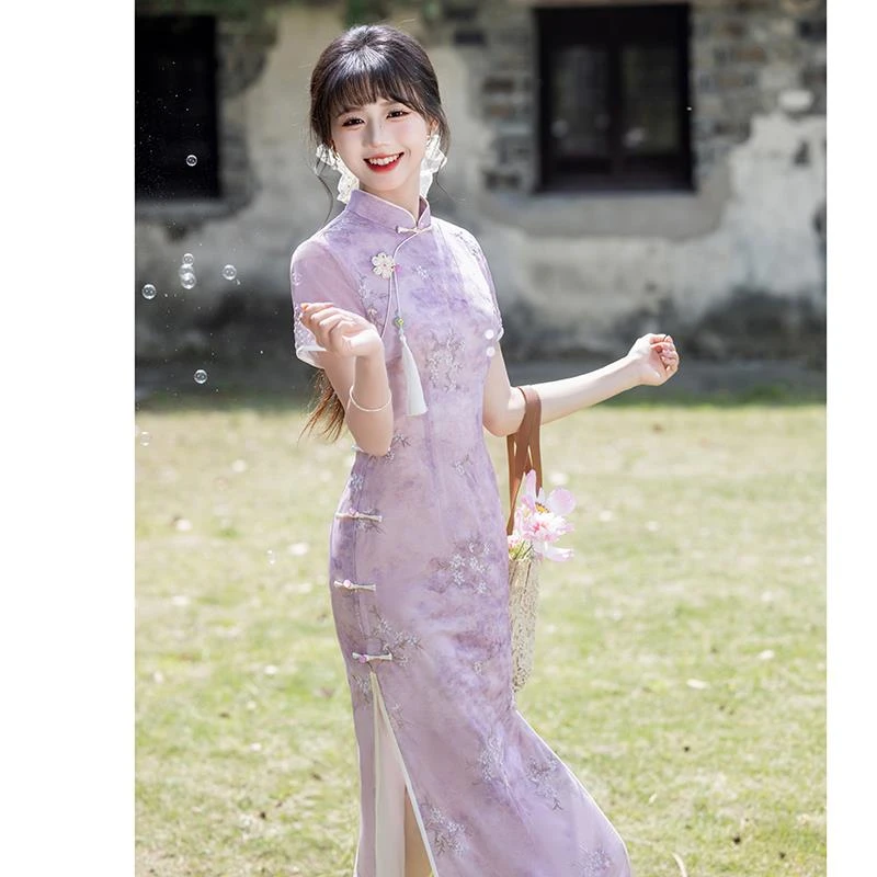 紫色旗袍2025新款高考改良年轻款少女新中式日常可穿淑女风连衣裙