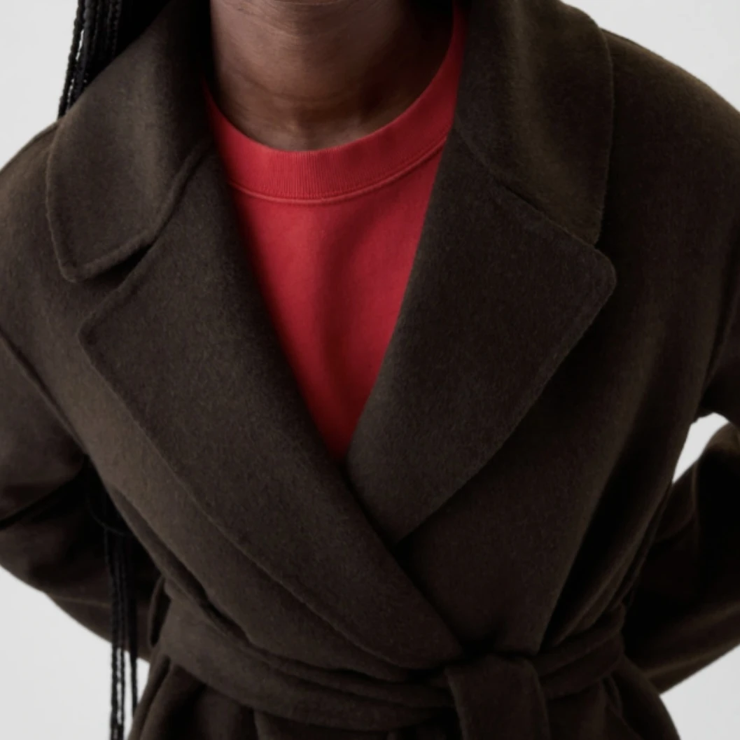 G家无扣款原单羊毛长大衣西服领腰带款气质简约风黑咖色外套002